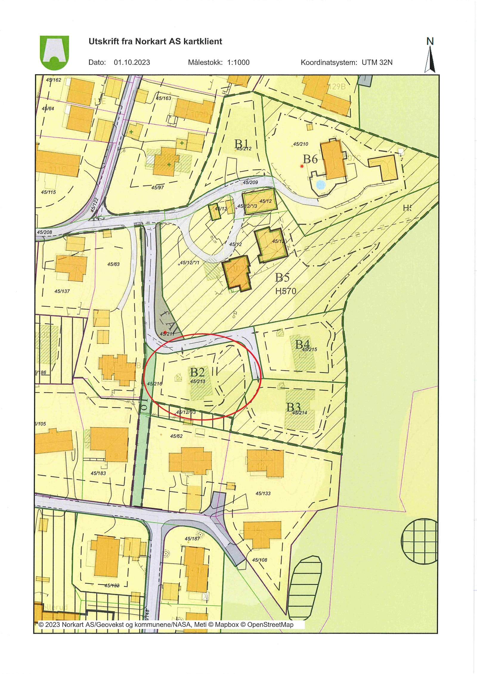 Kart til reguleringsplan for Tanumveien 107 / Tomten som selges er markert med rød sirkel Galleribilde