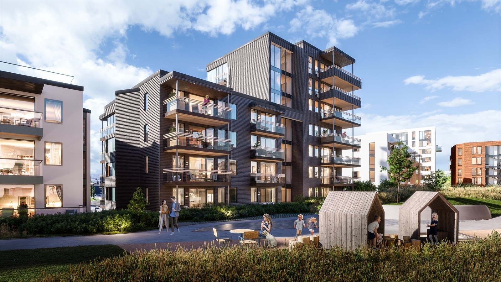 Det blir opparbeidet flotte parkområdet mellom bygningskroppene Galleribilde