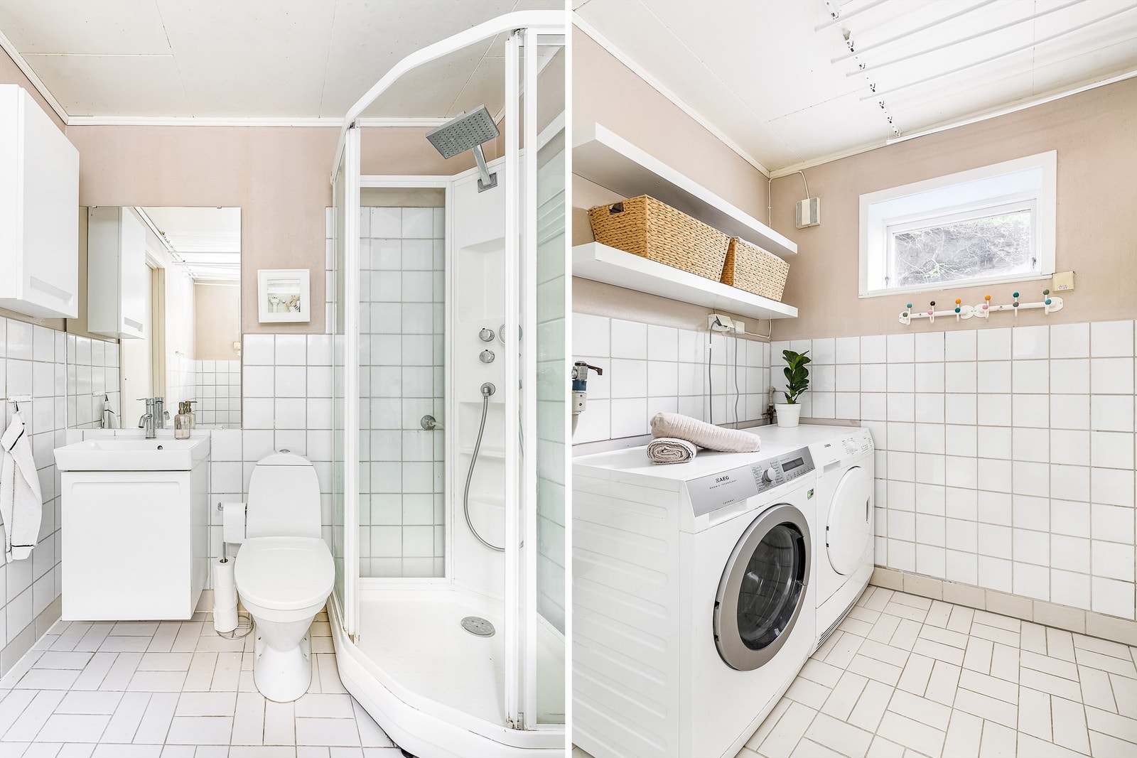 Underetasjens bad er fra byggeåret og naturlig gjenstand for modernisering, men funksjonelt. Badet fyller også rollen som vaskerom. Galleribilde