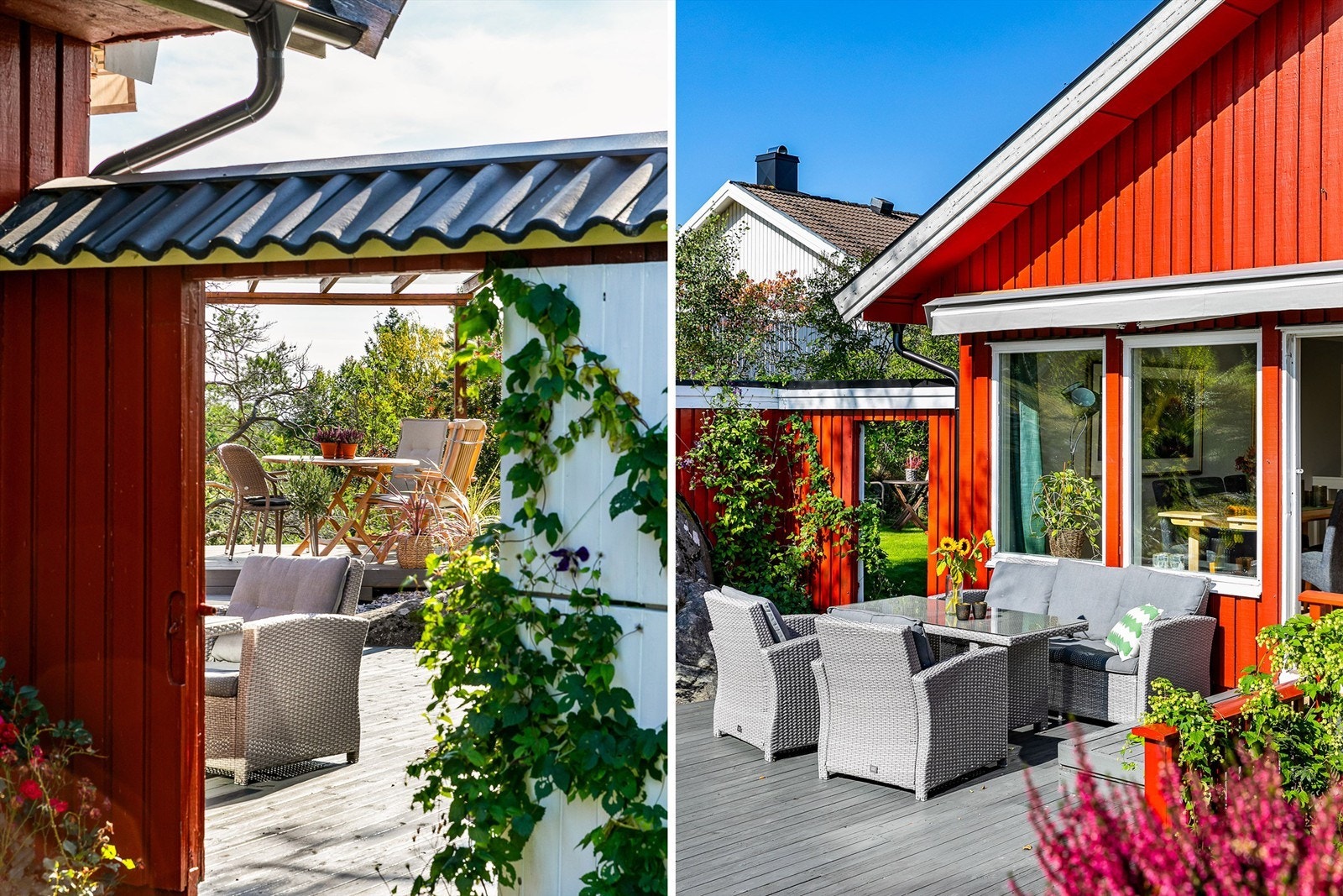 Omfangsrik beplantning med ulike arter prydbusker og klatreplanter dekorerer utearealene. Galleribilde