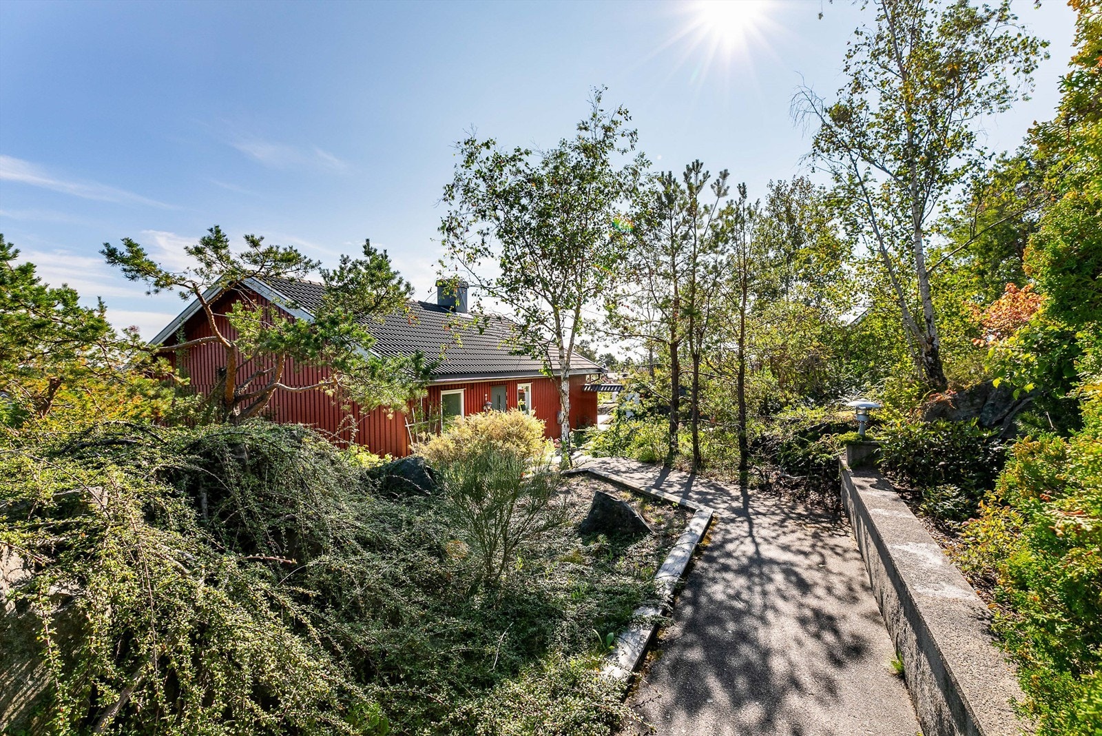Gangveien er omgitt av dekorativ beplantning og naturlig vegetasjon. Galleribilde