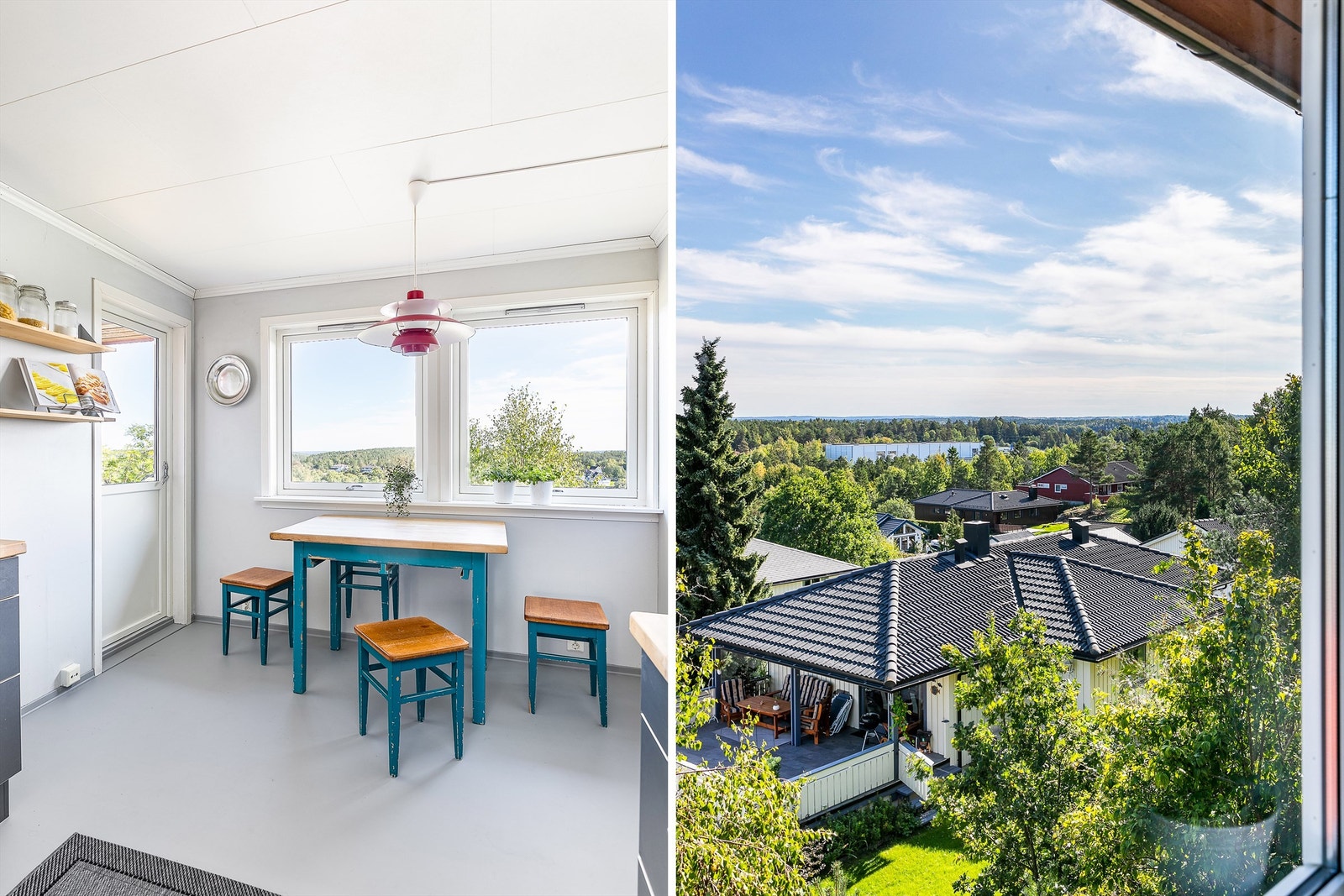 Etter utvidelse er det god plass til et spisebord foran kjøkkenvinduene. Her er det både morgensol og flott utsikt mot Vansjø. Galleribilde