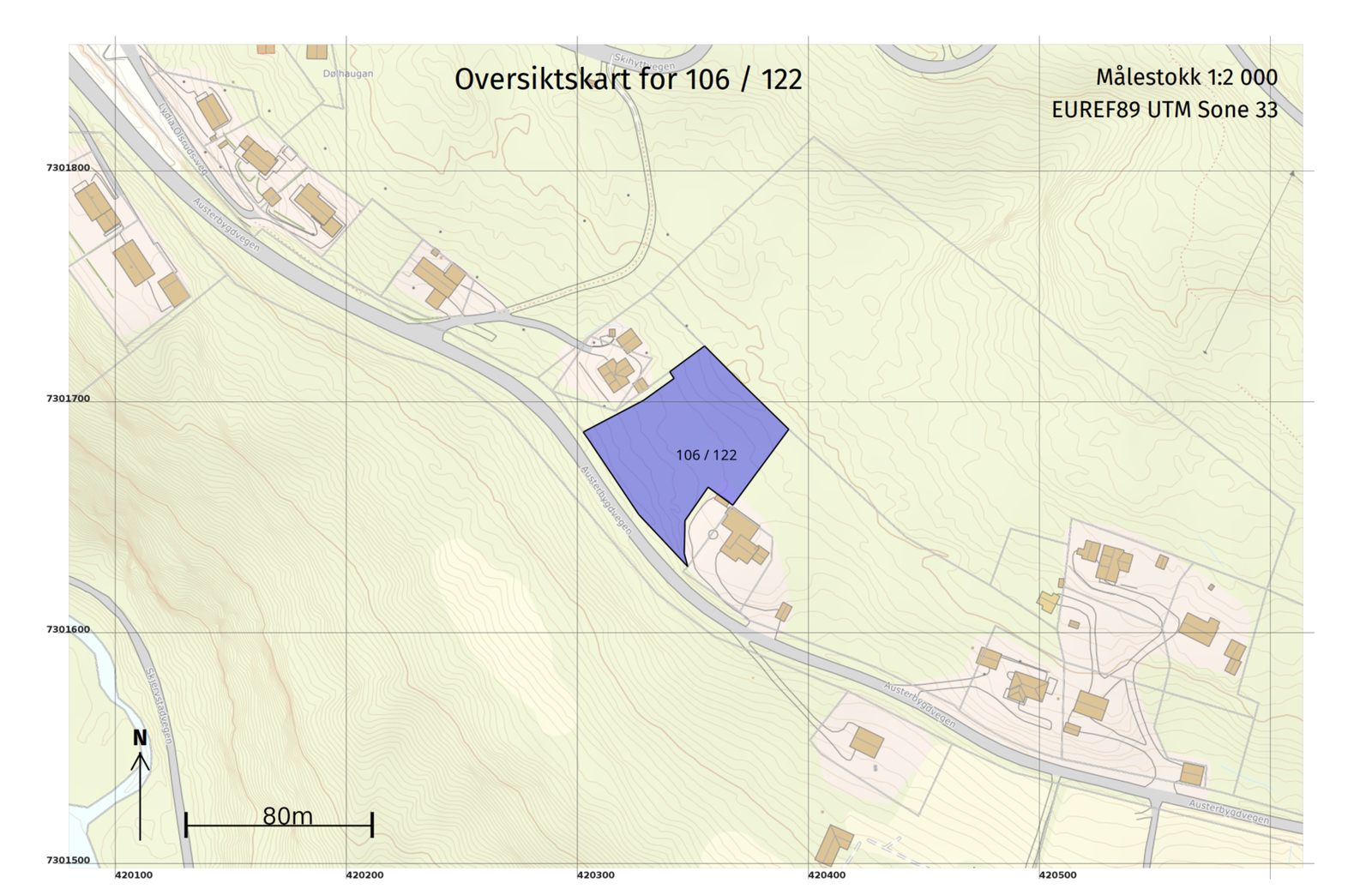 Oversikt over tomtegrenser for gjeldende tomt. Galleribilde