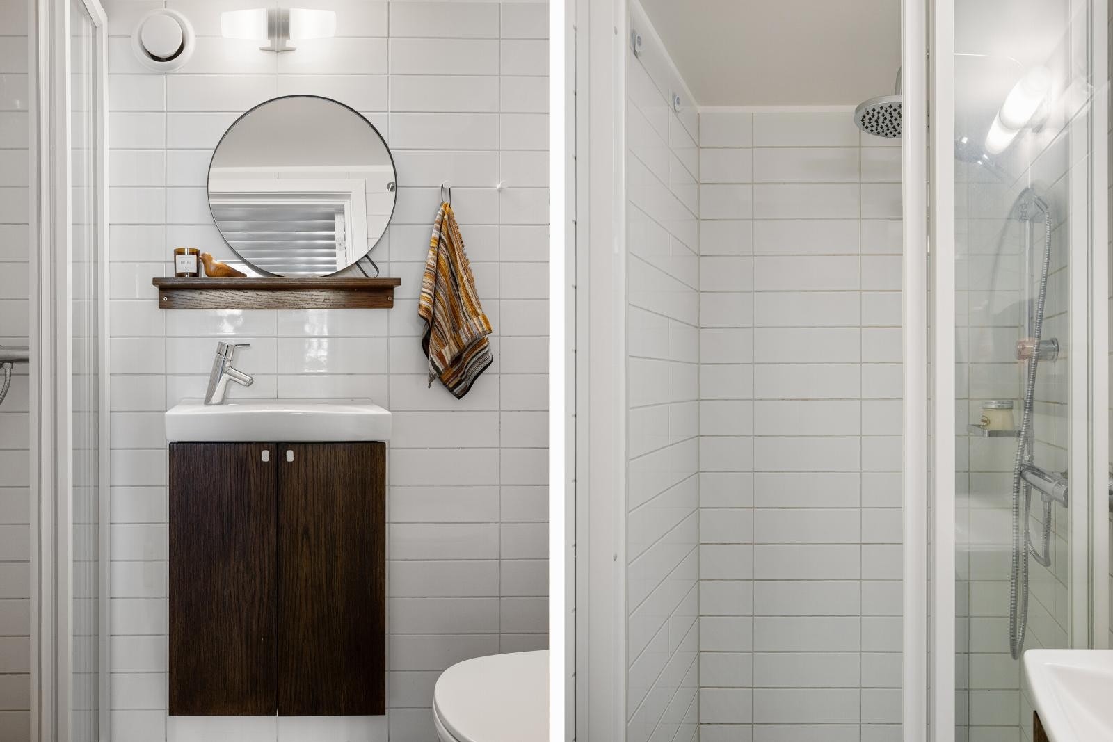 Flislagt bad med elektriske varmekabler. Det er opplegg for vaskemaskin i bod utenfor trappeoppgangen. Galleribilde