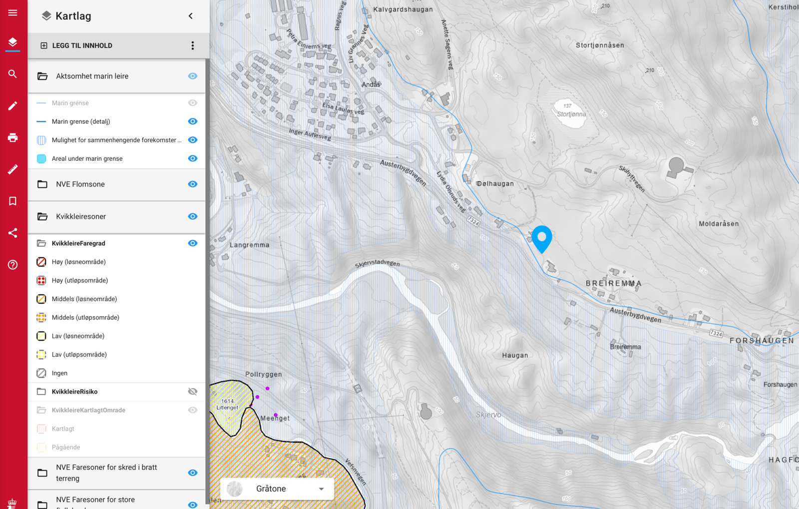 Oversikt over marin leire og kvikkleire pr. 03.10.2023. Tomten ligger med marin grense som går like i tomtegrensen mot fylkesvegen iht. NVE sitt temakart. Galleribilde