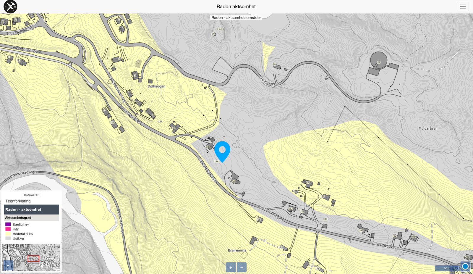Radonkart pr. 03.10.2023 fra NGU. Iht. kartet ligger tomten i et område merket usikker forekomst, med tilgrensende områder med moderat til lav forekomst. Galleribilde