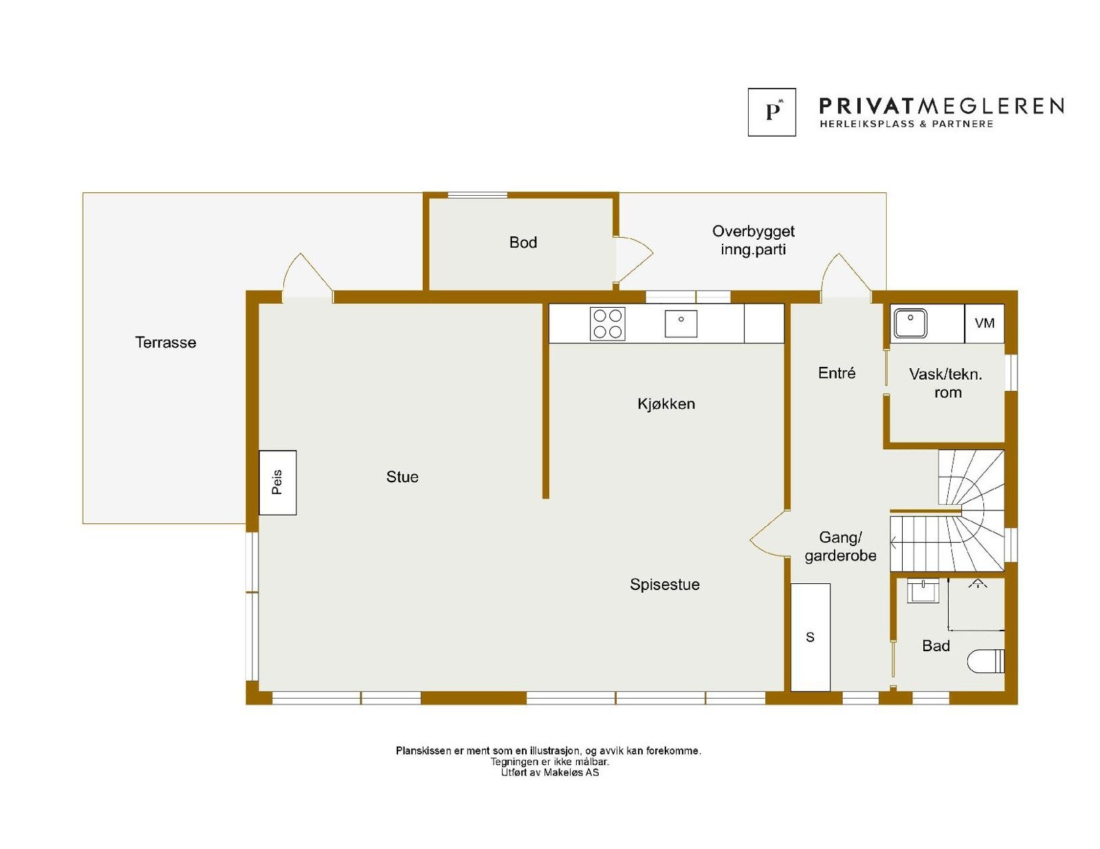 Plantegning hovedetasje, alternativ løsning dersom man ønsker å sonedele stue/kjøkken. Avvik vil forekomme Galleribilde