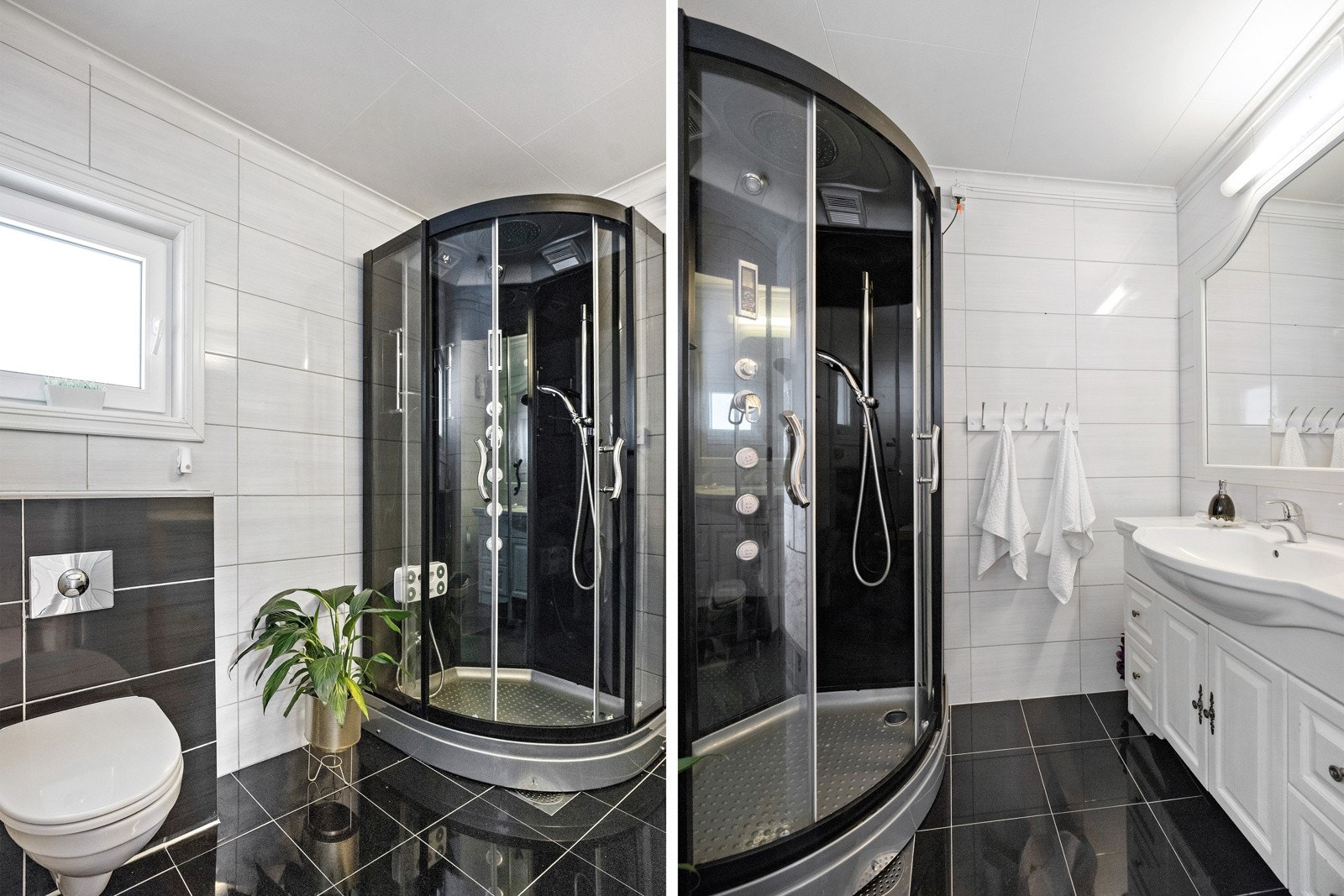 Dette badet ligger i første etasje og var nytt i 2012. Det er fliser, gulvvarme, pen innredning og et dusjkabinett. Galleribilde