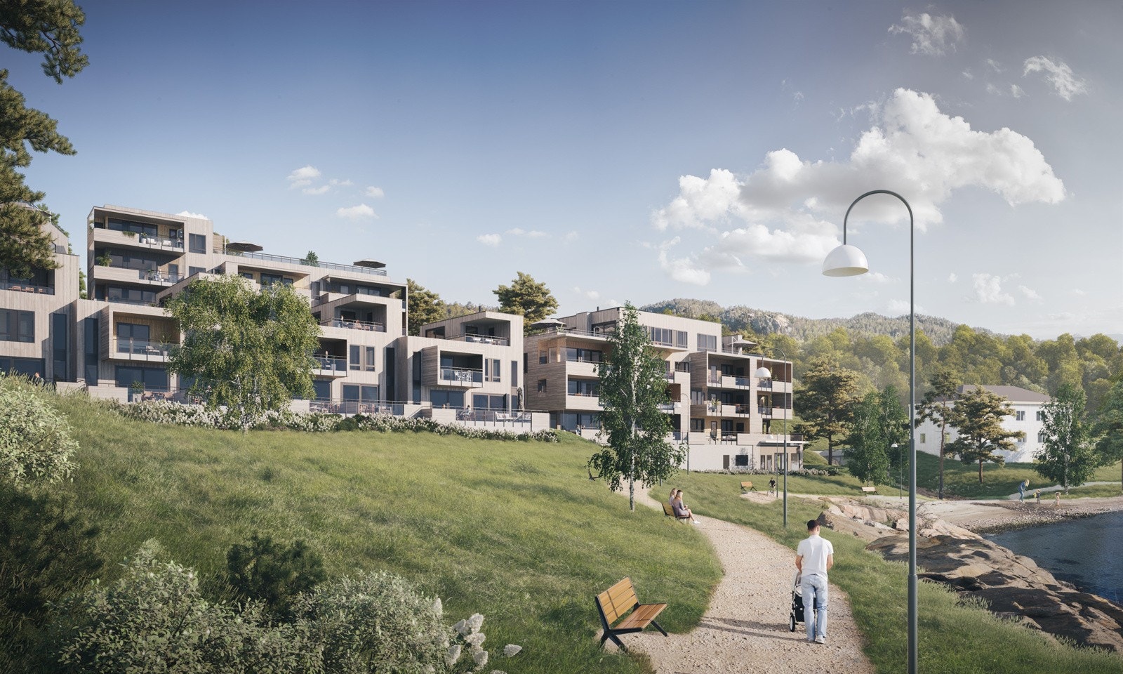 Gangvei går på nedsiden av leilighetene Galleribilde