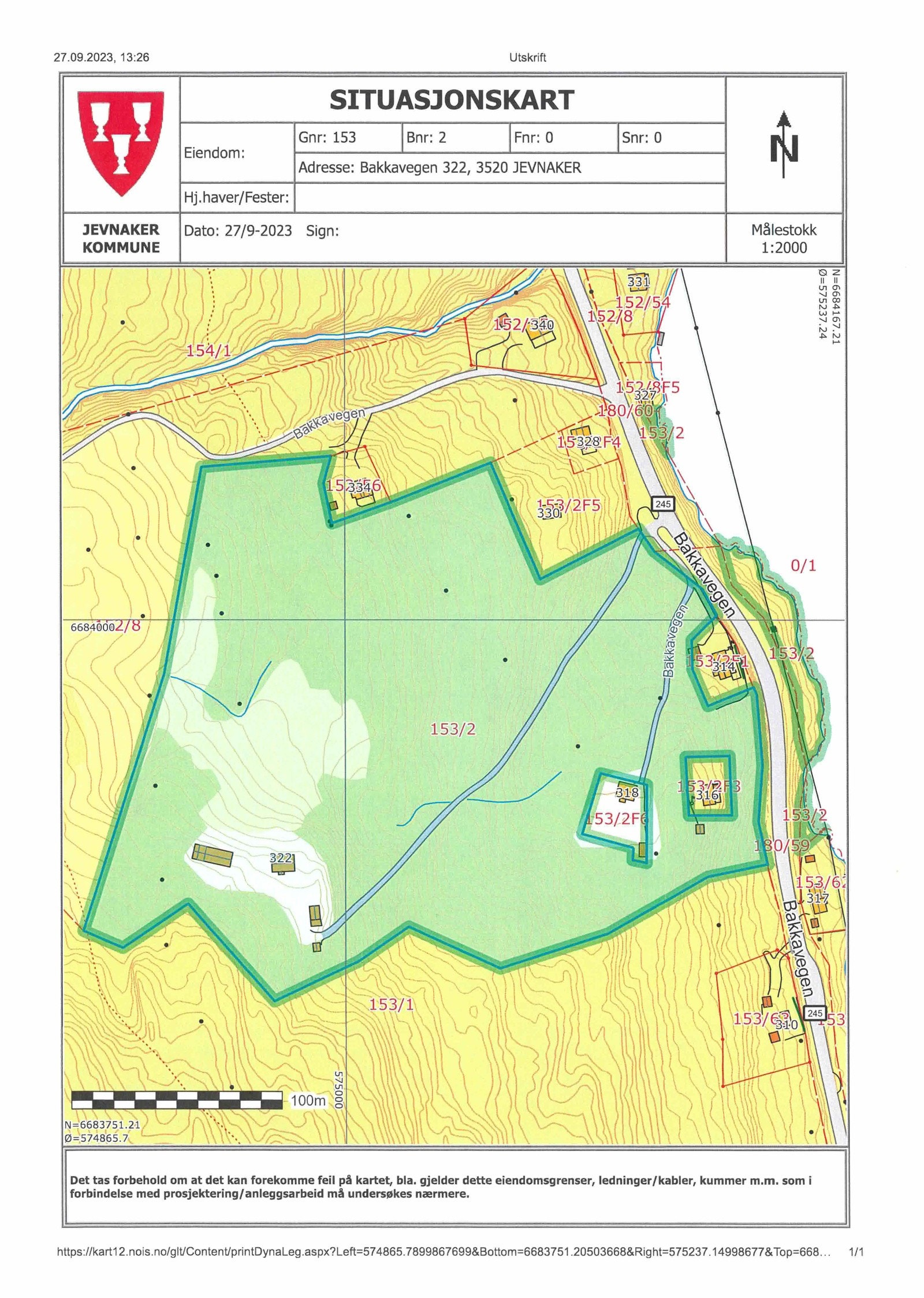 Kartutsnitt som gir en indikasjon på selve eiendommen. Eiendommen skal også inkludere Fnr 4, som er utelatt på kartutsnittet. Galleribilde
