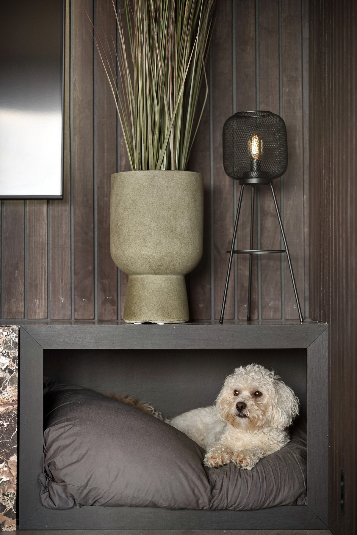 Innebygd plass for hund i spesiallaget TV-benk. NB! Hunden medfølger dessverre ikke eiendommen :-) Galleribilde