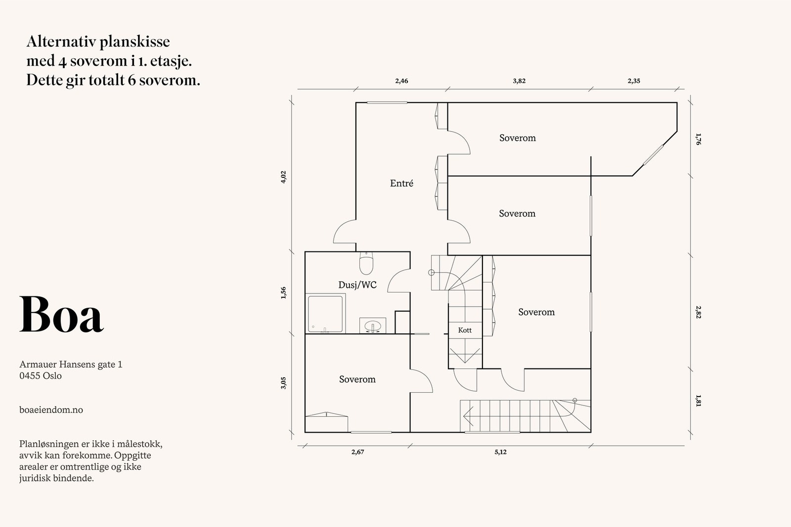 Mulighet for 6 soverom med 4 soverom i leilighetens 1. etasje.
Man kan enten dele hovedsoverommet i to. Galleribilde
