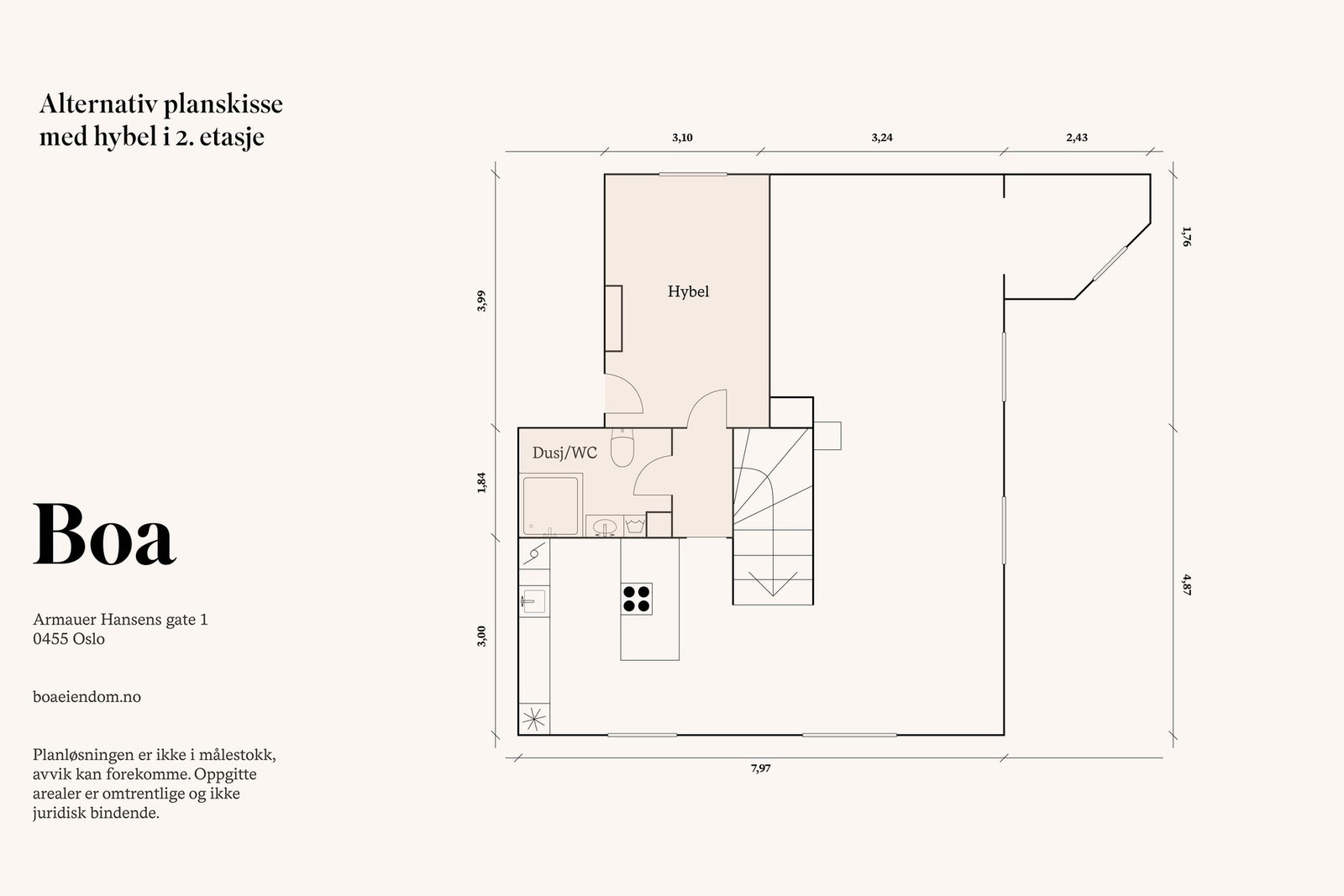 I leilighetens 2. etasje er det mulighet for utleie av hybel med separat inngang. I dag har denne delen av eiendommen eget bad, opplegg til kjøkken. Galleribilde