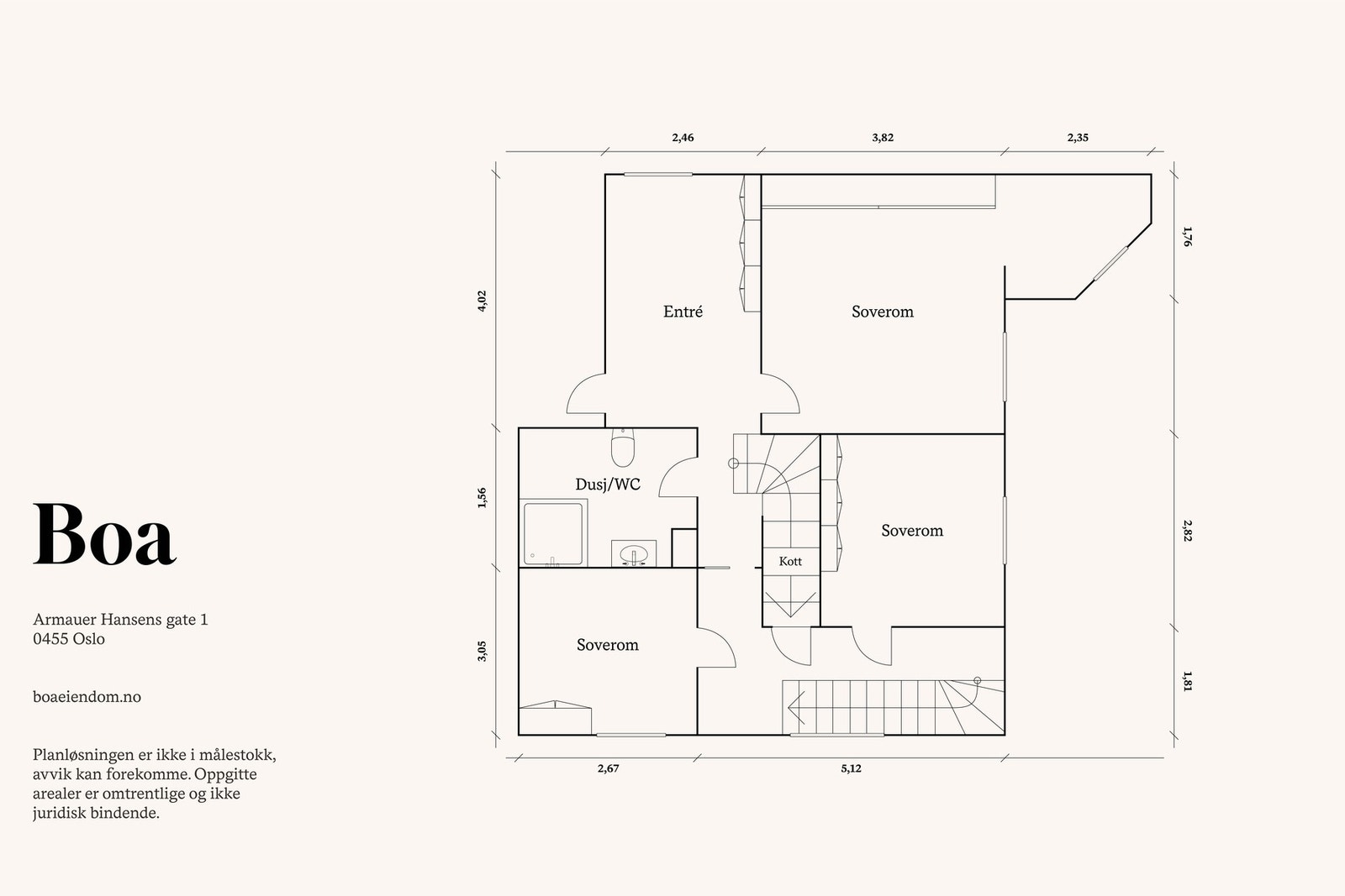 1. etasje: Entré/hall, trappegang, bad, tre soverom og hall m/garderobe. Kott under trapp. Galleribilde