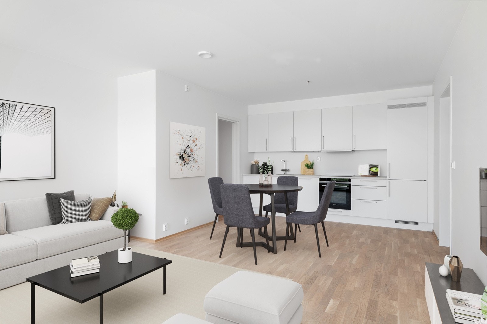 Åpen planløsning, stue/kjøkken. Digitalt møblert - Avvik kan forekomme. Galleribilde