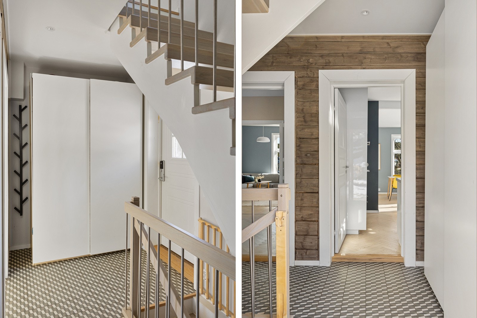 Entréen er delikat innredet, legg merke til den originale laftede veggen som er hentet frem. Galleribilde