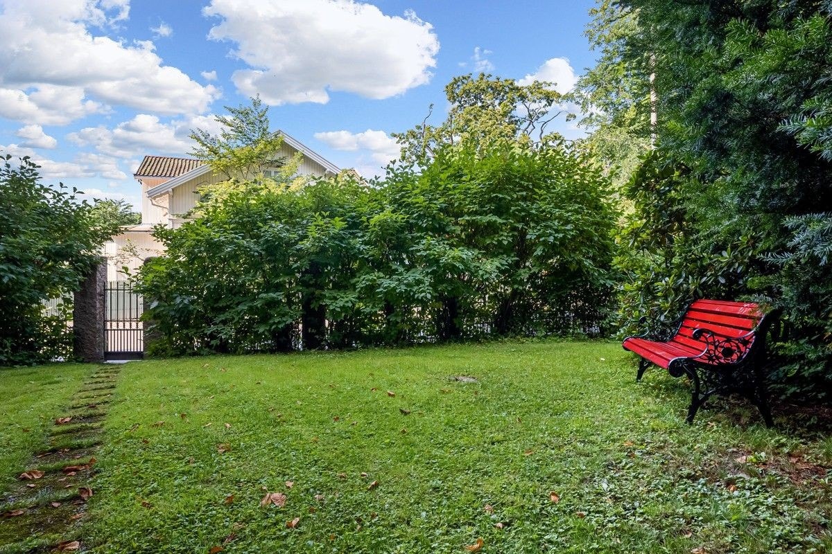 Sameiet har en koselig hage med plen, beplantning og benk. Galleribilde