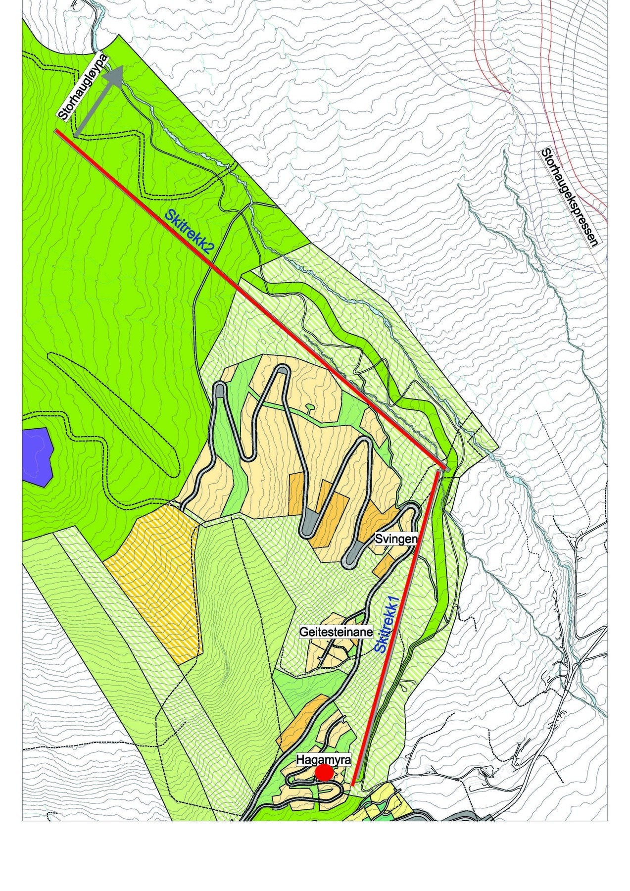 Kart tomtefeltet med planlagt skiheis illustrert Galleribilde