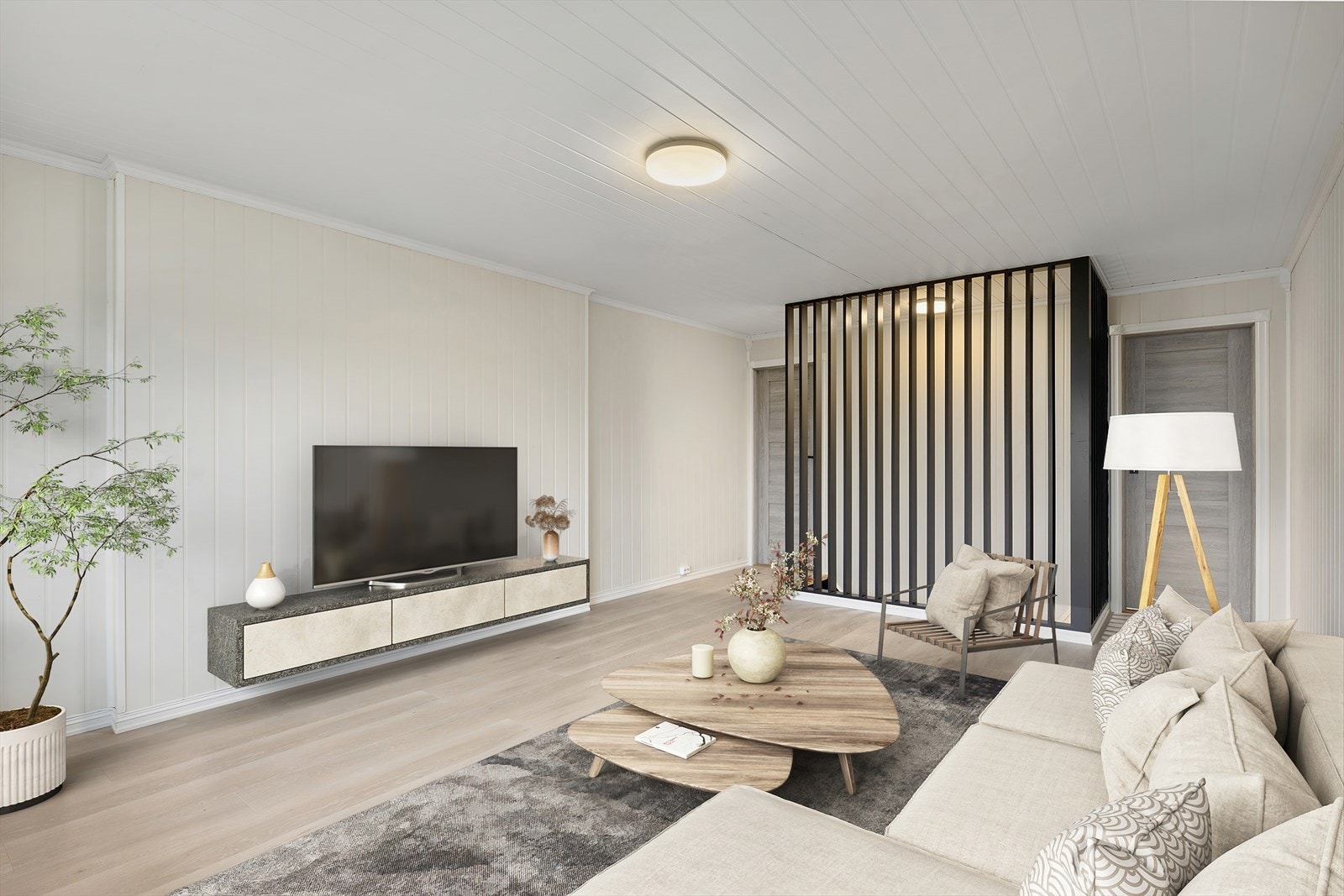 Flott oppusset stue i 2 etasje med god plass til sofagruppe med tilhørende møblement. (Digitalt møblert). Galleribilde