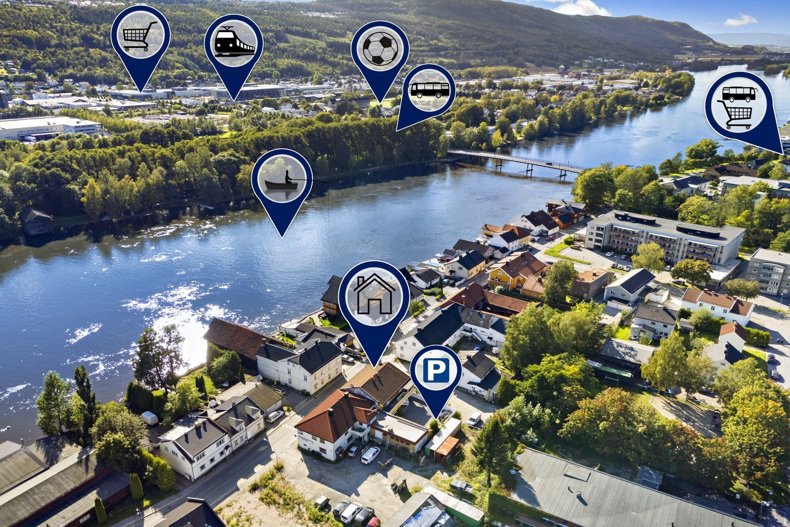 Det er ca. 10 minutters gange til Gulskogen togstasjon og Gulskogen senter med et stort utvalg av butikker. Dagligvarehandel hos Kiwi Landfalløya, tursti inn til sentrum, bade- og fiskemuligheter Galleribilde