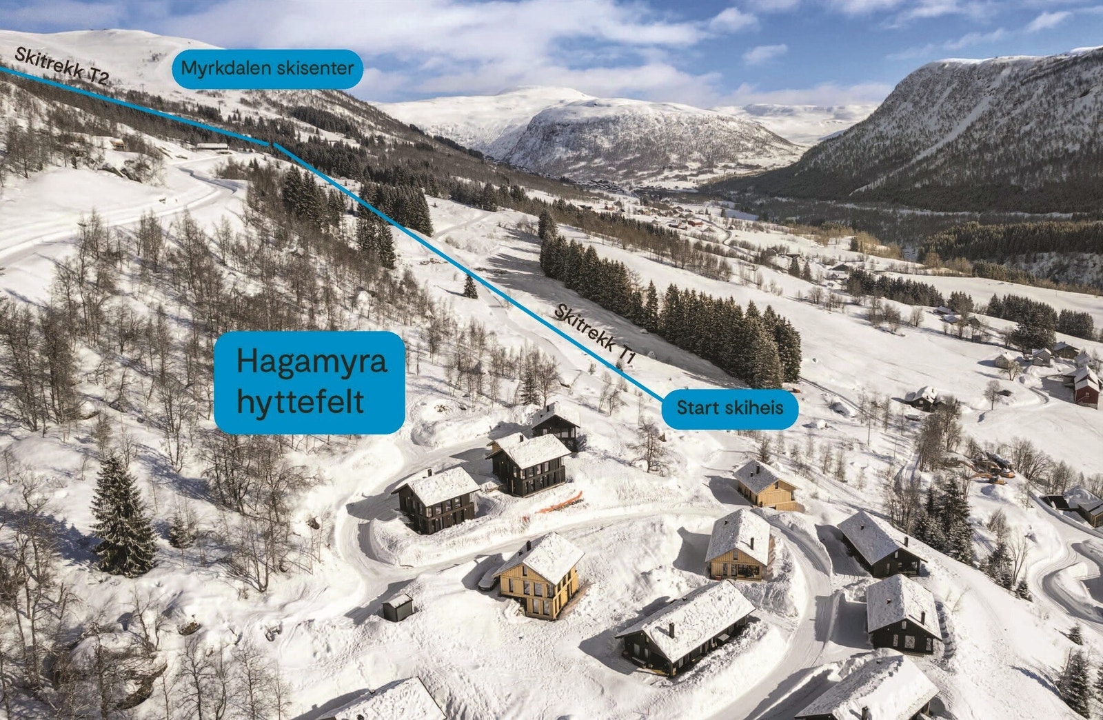 Tomtenes plassering i forhold til skianlegg etc. Tilførselløype illustrert. Galleribilde