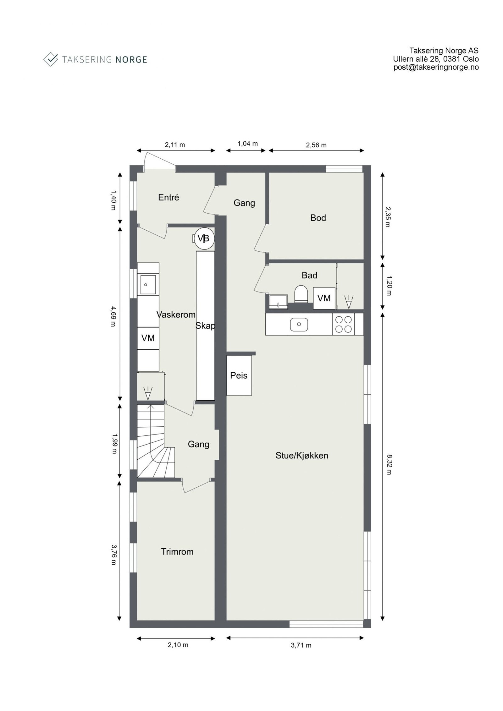 Målsatt plantegning av underetasje. Underetasjen består av gang, treningsrom, vaskerom med flott innredning og egen dusjsone, samt en hybeldel på ca. 44m² bestående av entré/gang, åpen stue- og kjøkkenløsning, baderom og bod som er innredet som soverom. Galleribilde