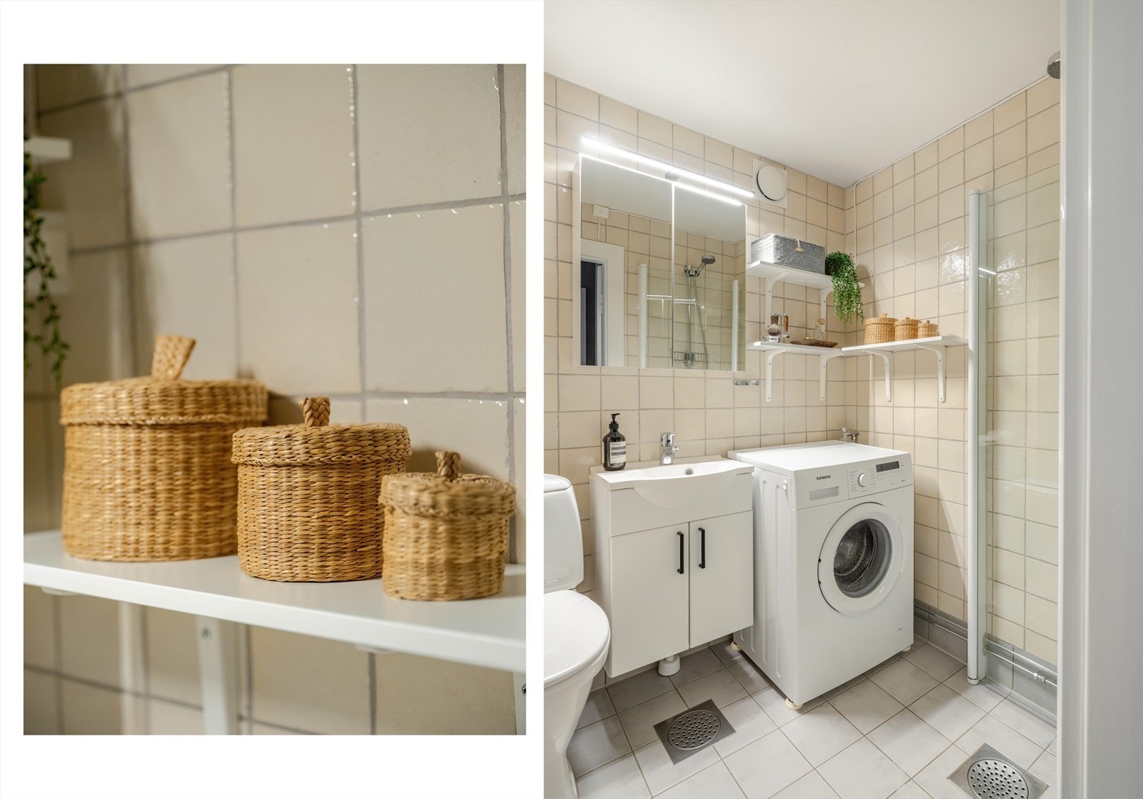 Innredningen består av dusjhjørne med innfellbare dører, servant med praktisk skapinnredning, nyere speilskap med belysning og plass til vaskemaskin. Med varmekabler i gulvet kan du nyte komforten av lun gulvvarme, spesielt på kalde dager. Galleribilde