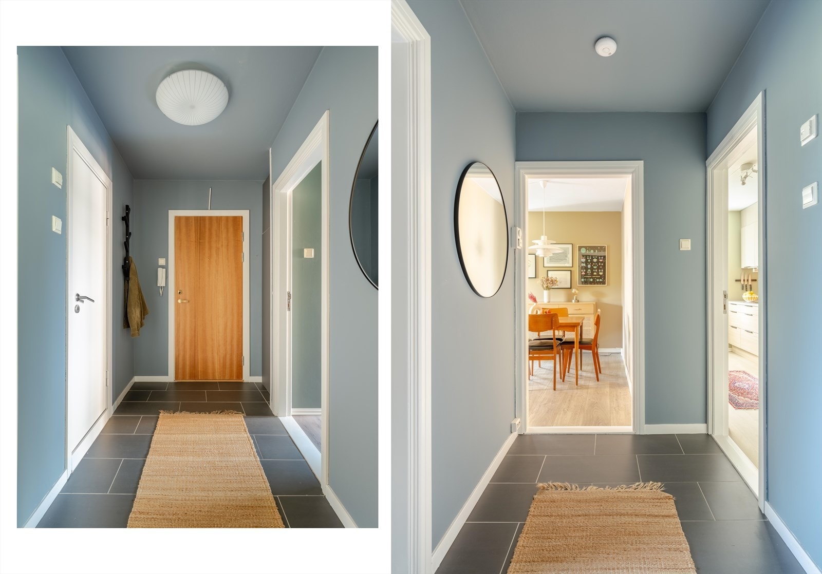 Gangen binder rommene sammen på en fin måte, og er i likhet med de fleste overflatene malt i 2022. Det er tilstrekkelig plass til å henge opp yttertøy og oppbevare sko, noe som bidrar til å opprettholde ryddighet i hverdagen. Galleribilde