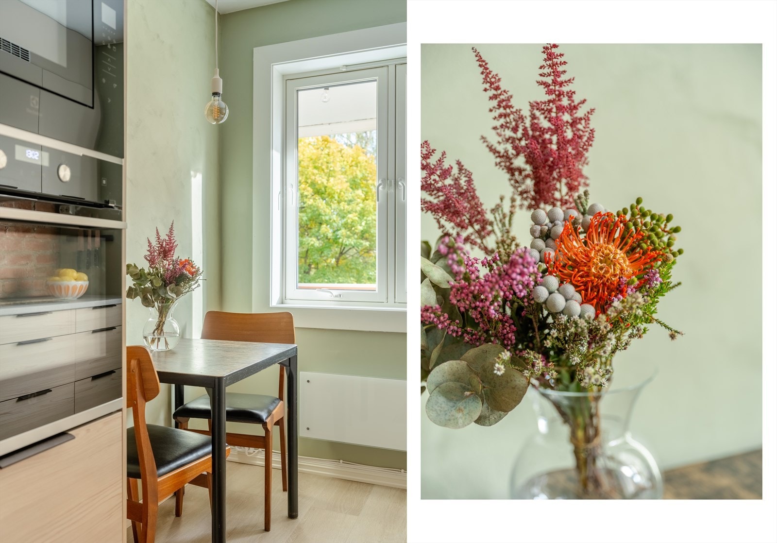 Ved vinduet er det også en koselig spiseplass, hvor du kan nyte frokosten i morgensolen. Ellers fikk kjøkkenet nytt gulv i 2020, vegger og tak ble malt i samme slengen, i tillegg til at original teglstein ble hentet frem. Galleribilde