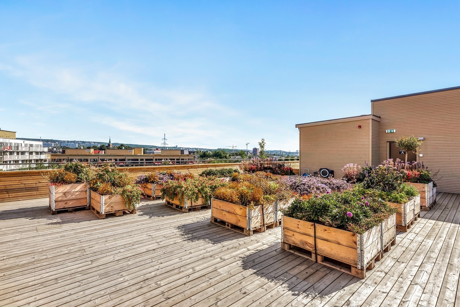 Felles takterrasse med innlagt vann og toalettmuligheter. Dette bildet er fra takterrassen i oppgang 3B. På takterrassene er det etablert egne soner med sittegrupper. Galleribilde