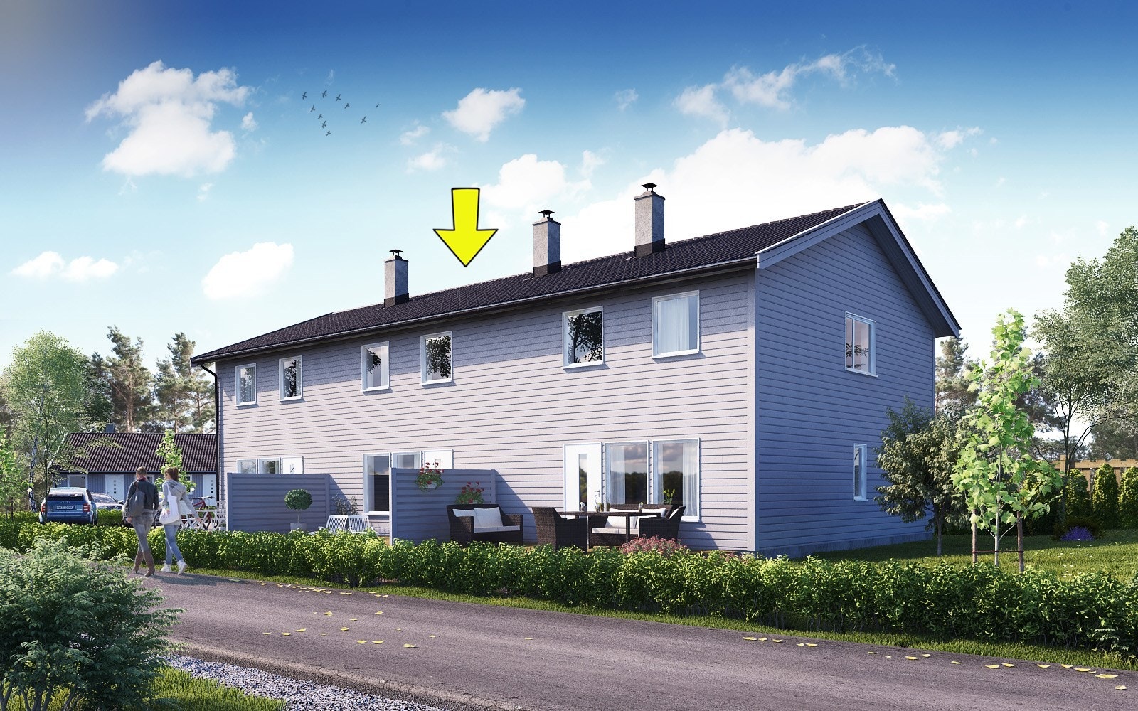 Alle perspektiver, illustrasjoner og møblerte planskisser i alt salgsmateriell er ment å gi et inntrykk av en ferdig bebyggelse. Galleribilde