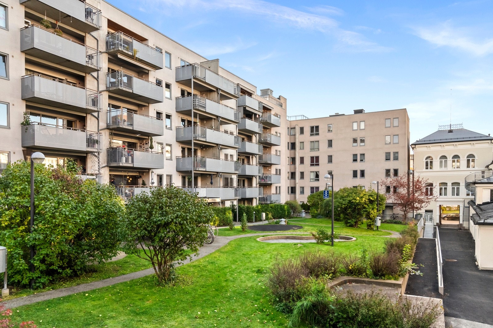 Pent opparbeidet fellesområde med gressplen og beplantning. Galleribilde