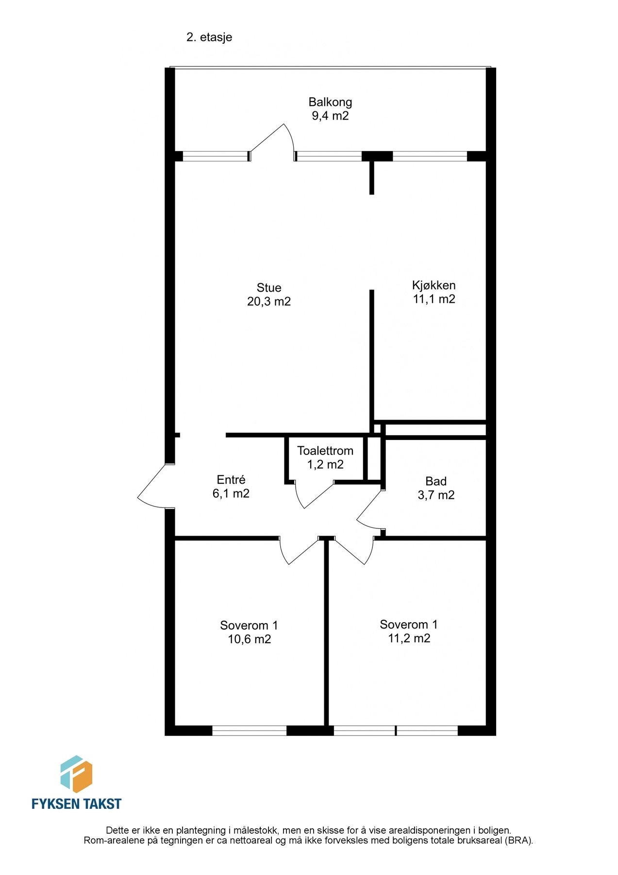 Plantegning. Leiligheten er innredet med stue/kjøkken, to soverom, et bad, et wc-rom og gang. Det er 2 eksterne boder i underetasje. Galleribilde