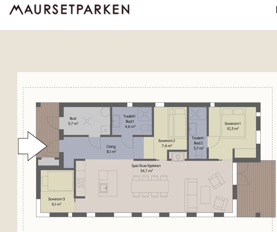Planskisse av hyttemodellen VY24ATS med 3 soverom som er oppført på tomt 38 Galleribilde