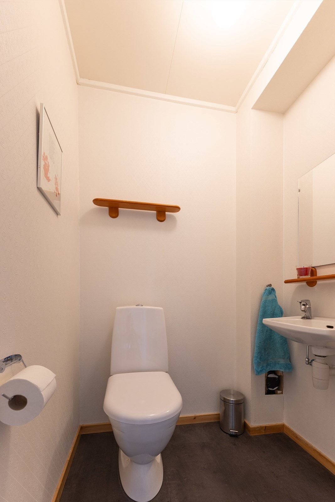 Toalettrommet i hovedetasje er utstyrt med enkel servant, ett-greps blandebatteri og gulvmontert toalett. Galleribilde