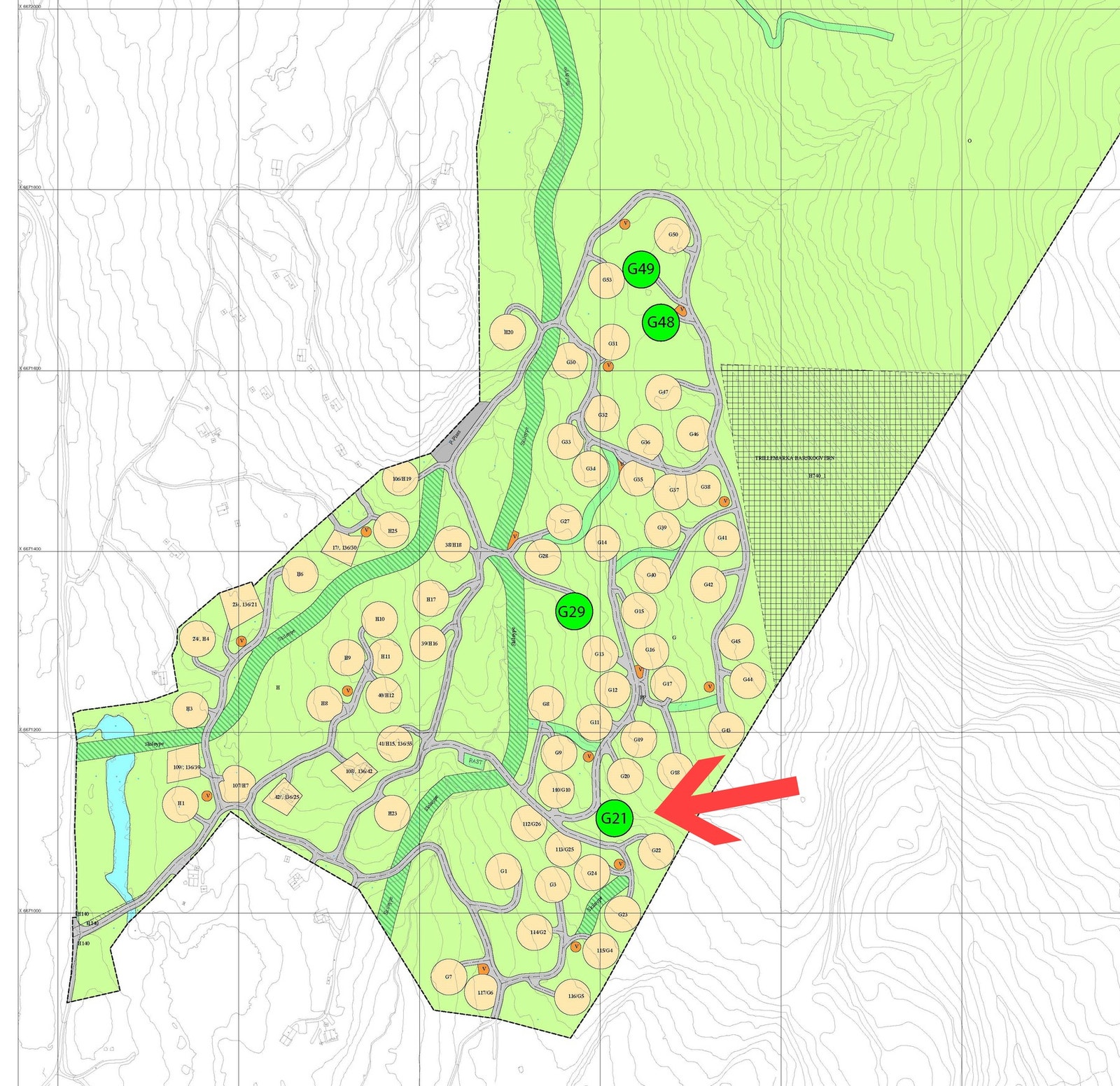 Plankart tomteområde. Tomt G21 markert Galleribilde