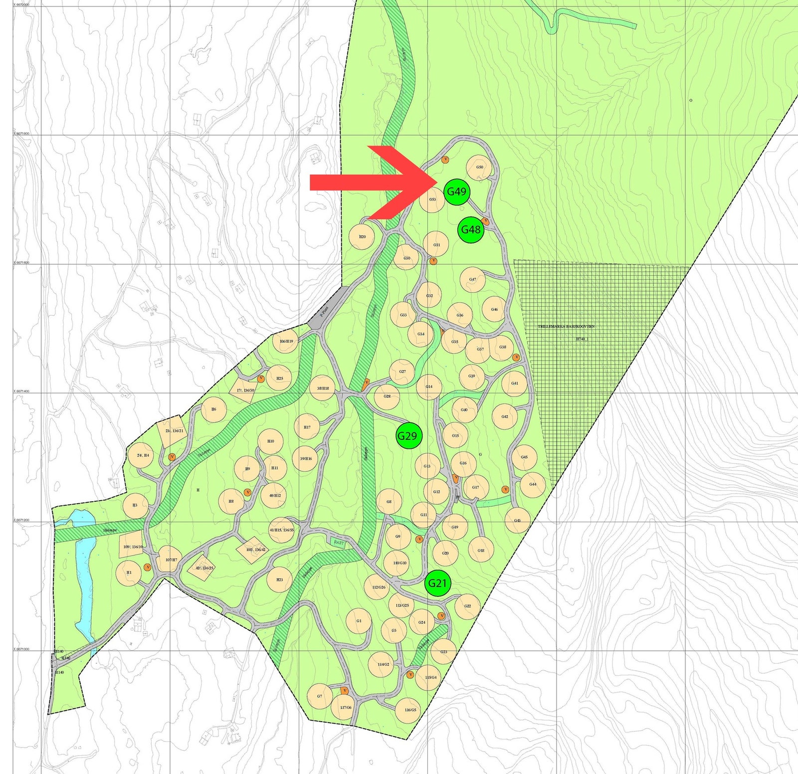 Plankart tomteområde, tomt G49 markert Galleribilde