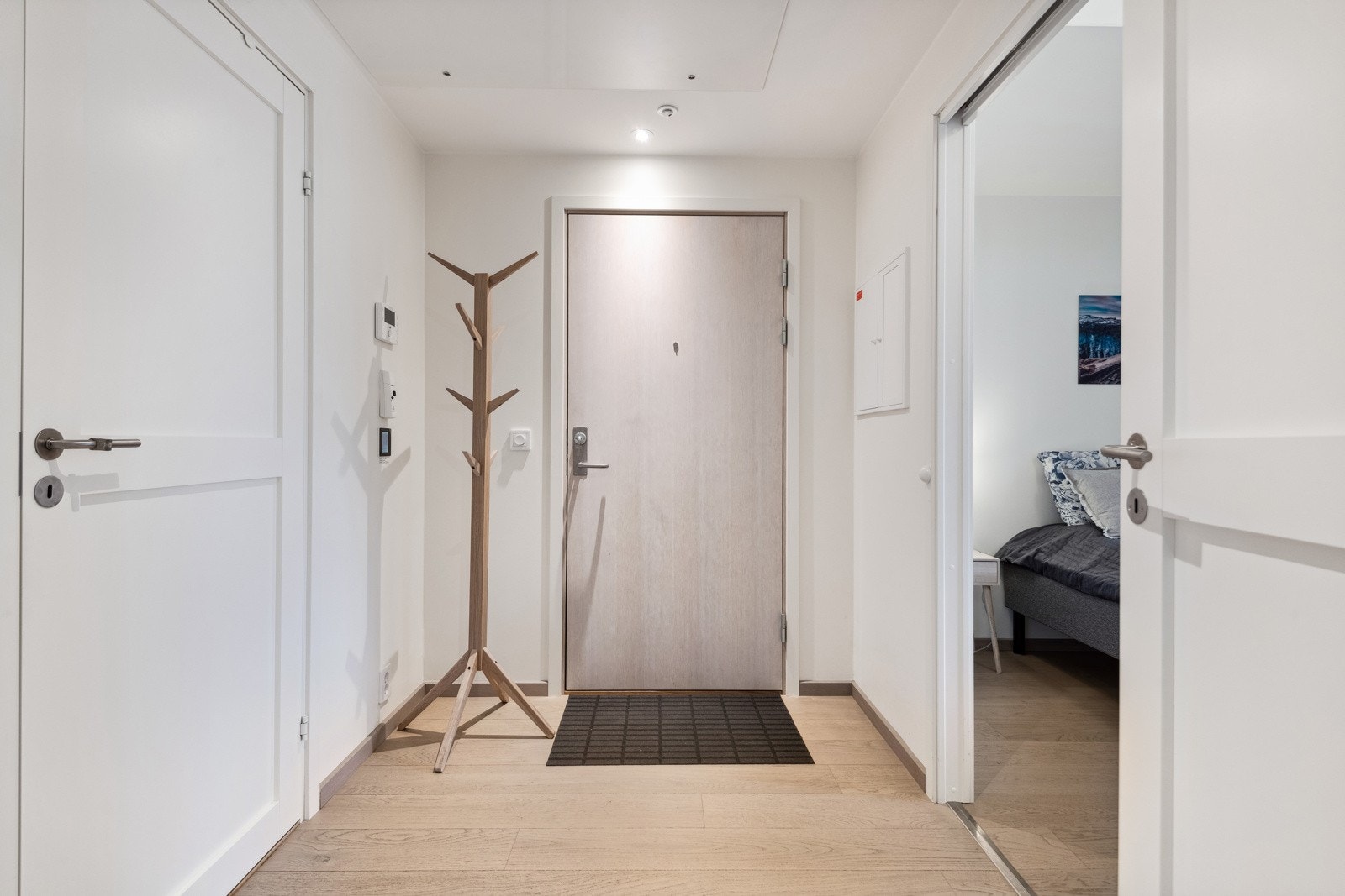 Leiligheten har en pen entré med dørcalling Galleribilde