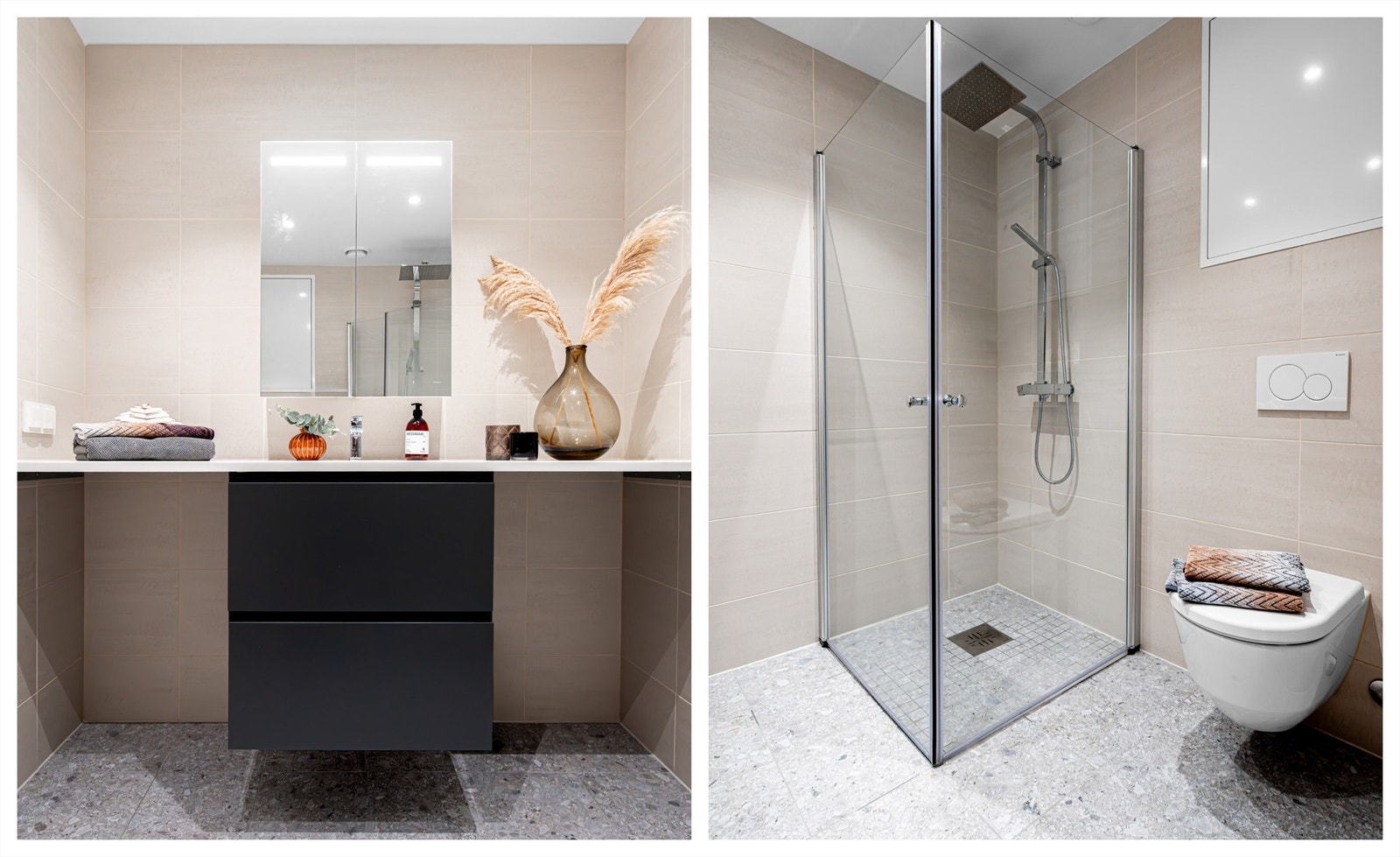 Det er gulvvarme, downlights i himling og rør-i-rør system. Det er lagt opp til vaskemaskin og tørketrommel på hver side av skuffeseksjonen. Galleribilde