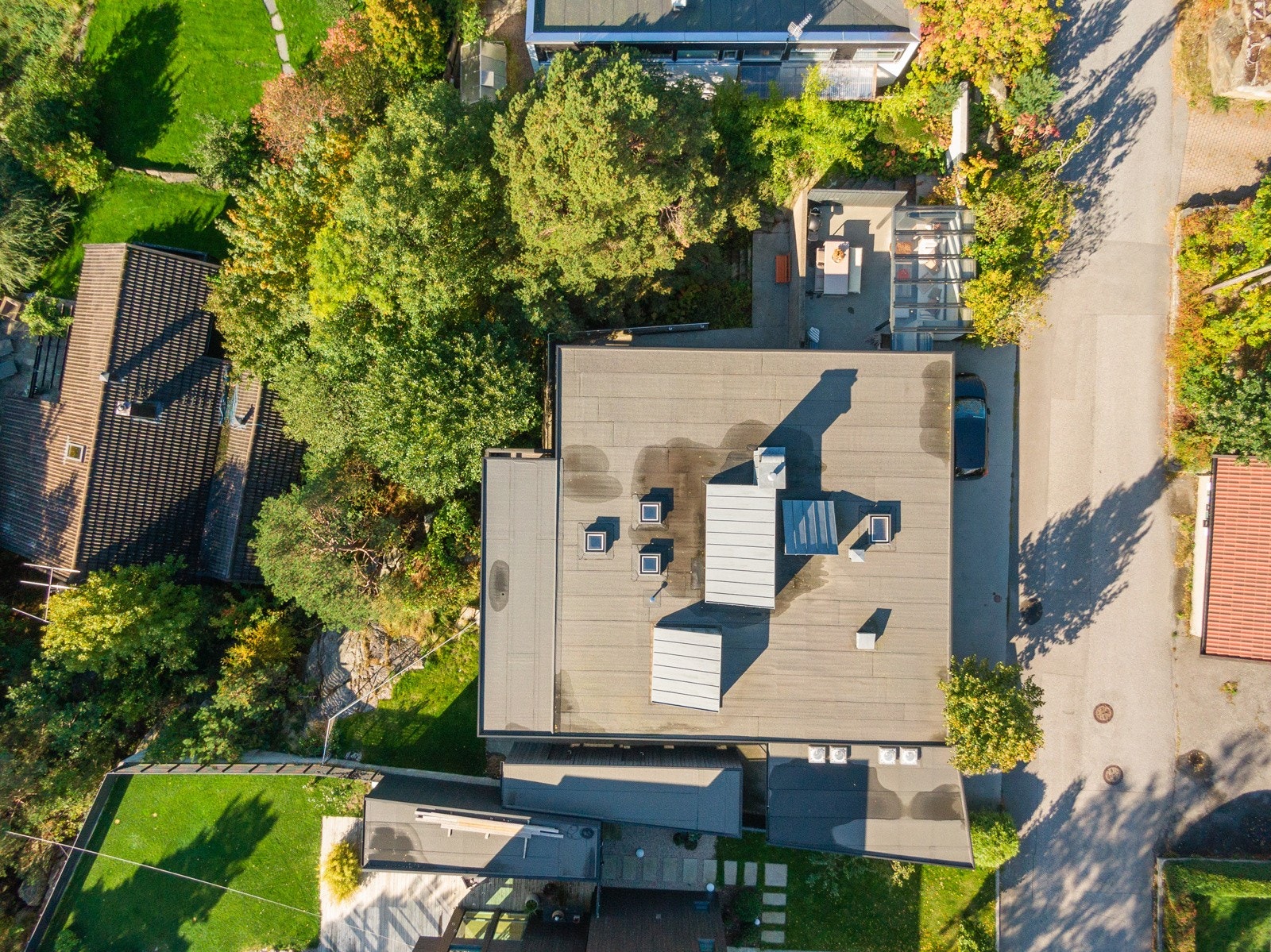 Dronefoto over huset og tomten Galleribilde