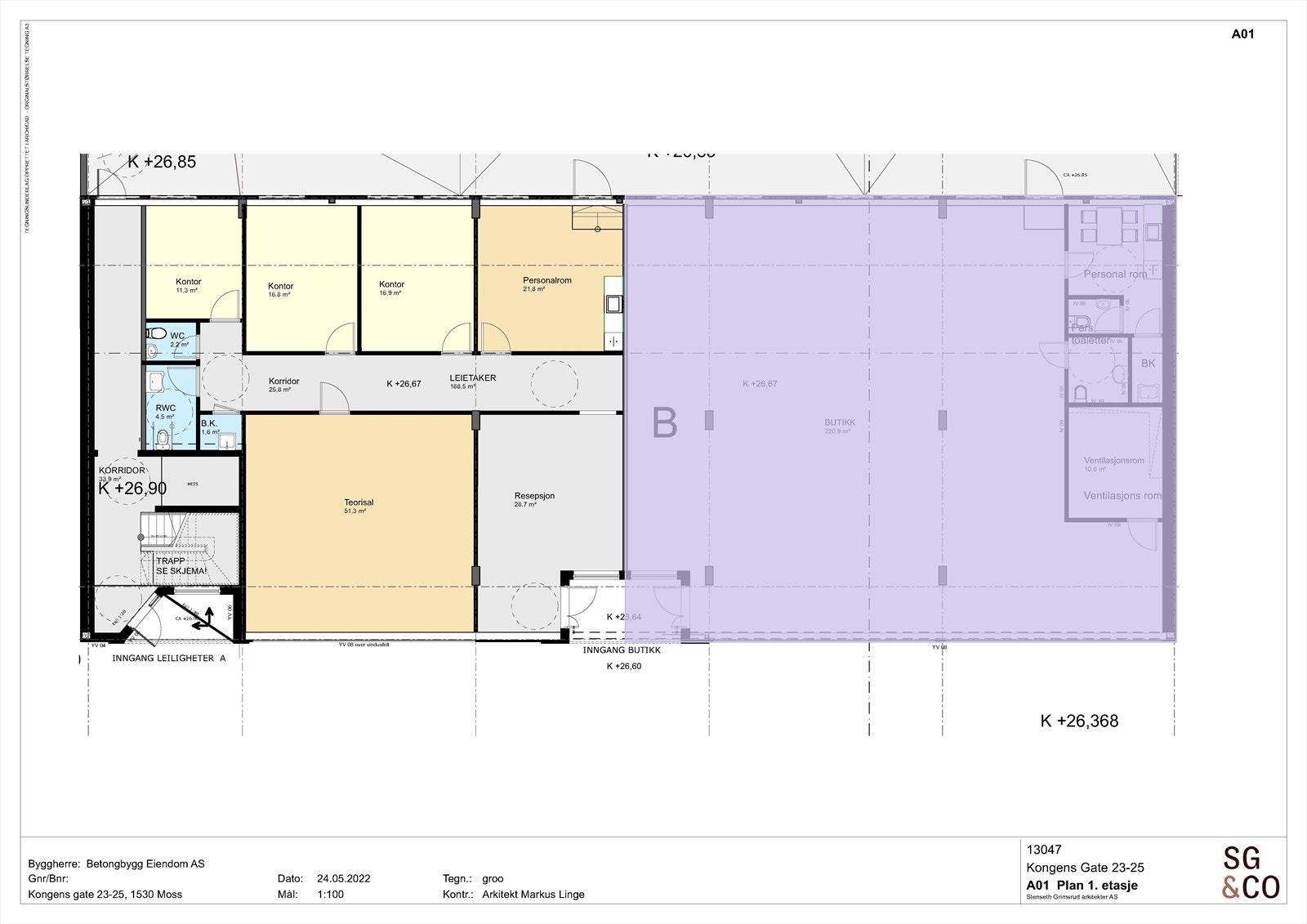 Plan 1. etasje - Ledig lokale markert lilla Galleribilde