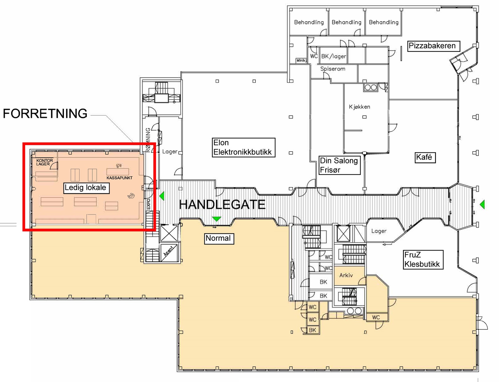 Plan 1 med oversikt over ledig lokale og øvrige leietagere. Galleribilde