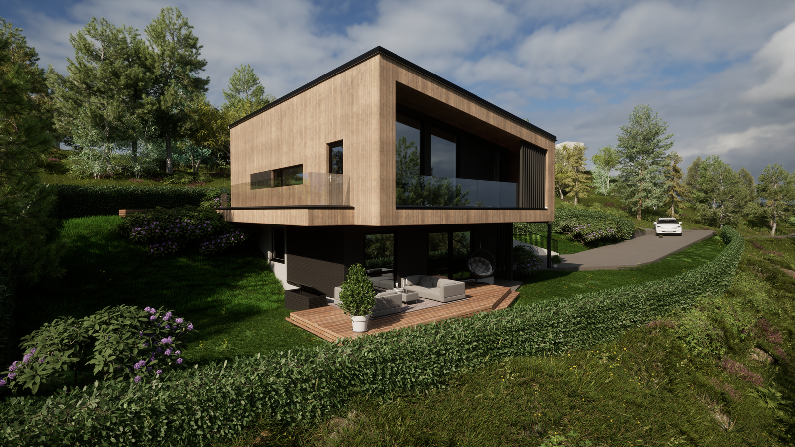 Svanshornet er teikna i ein moderne nordisk stil av VestlandsHus Arkitekter. Foto: Illustrasjon VestlandsHus Arkitekter Galleribilde