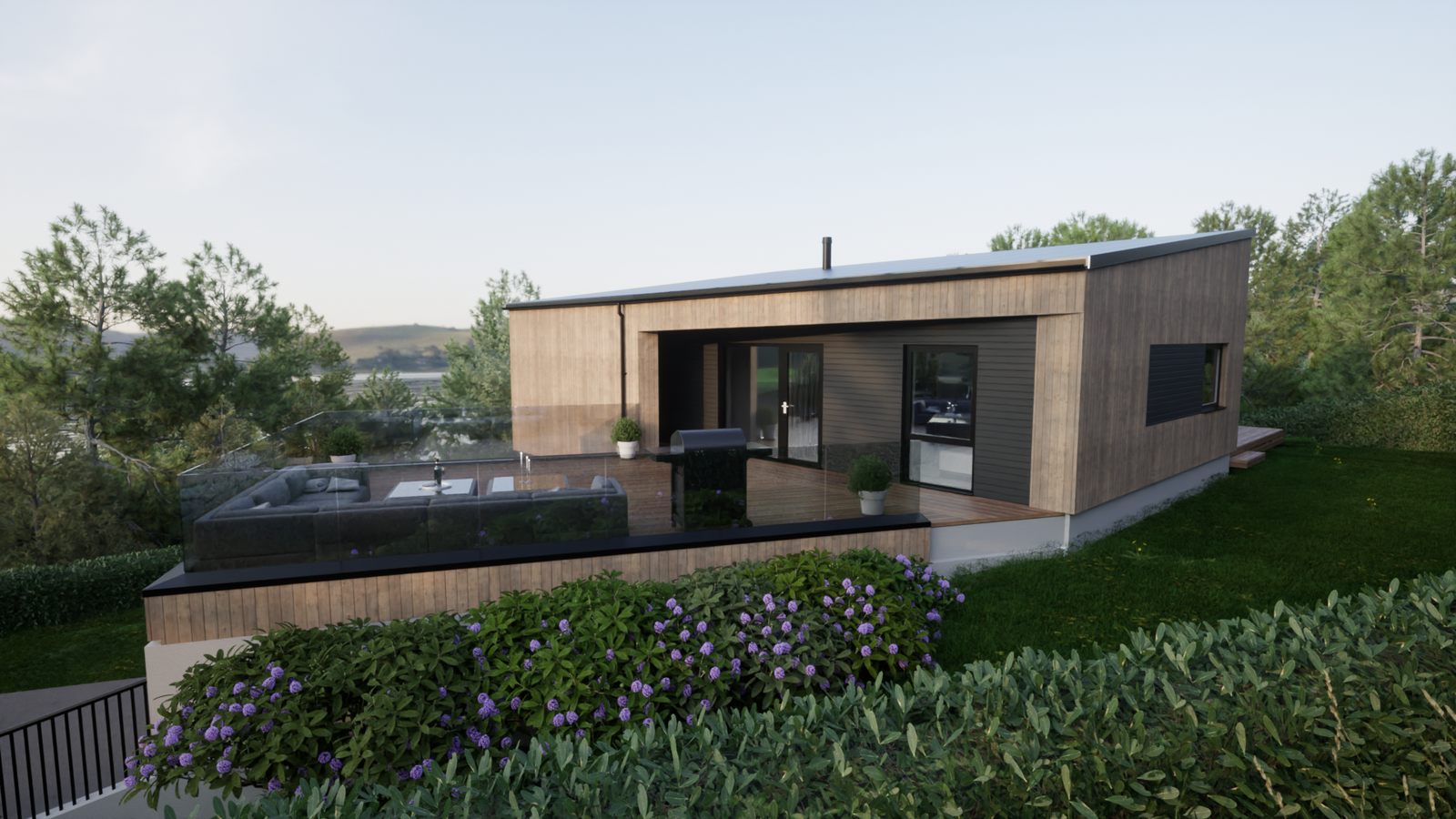 Over carporten på austsida blir det bygd ein stor takterrasse. Foto: Illustrasjon VestlandsHus Arkitekter Galleribilde