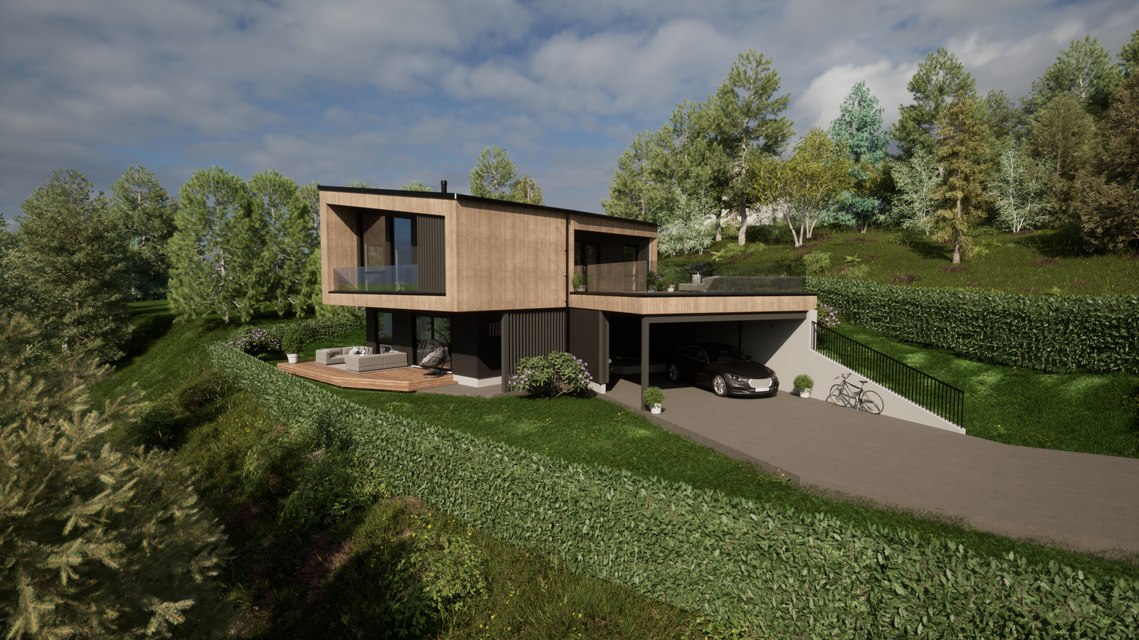 På austsida av huset blir det bygd ein romsleg carport. Foto: Illustrasjon VestlandsHus Arkitekter Galleribilde