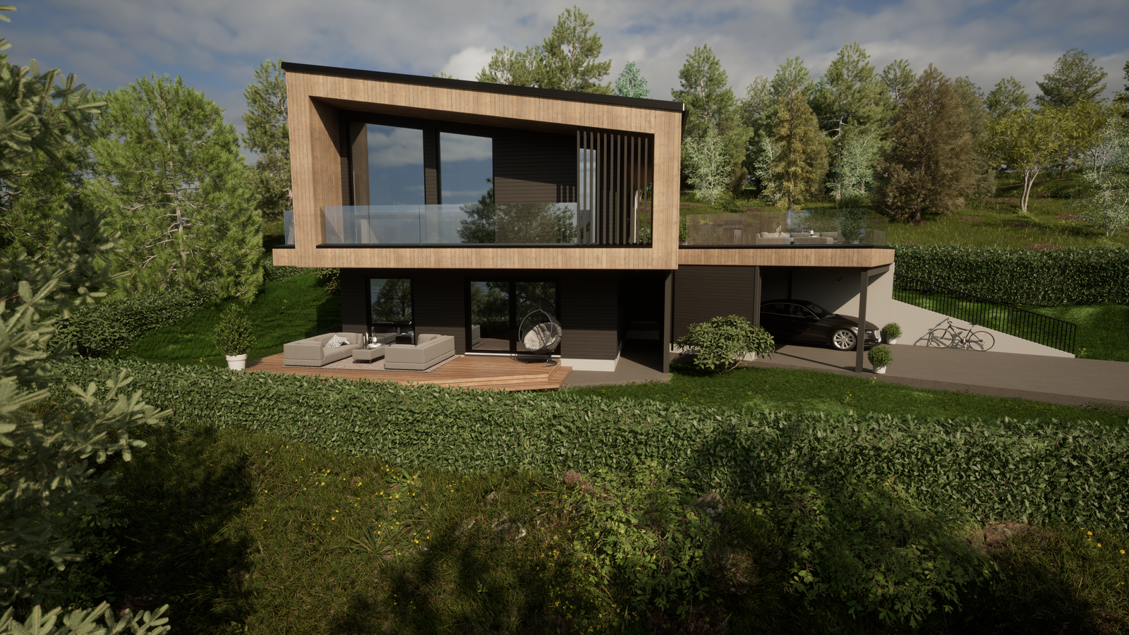 Frå stove/kjøkken har du utgong til balkong både mot sør og vest. Foto: Illustrasjon VestlandsHus Arkitekter Galleribilde