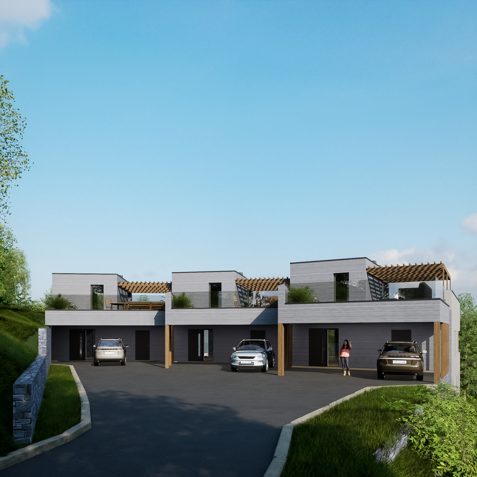 Hver bolig har egen carport ved inngangen. Galleribilde