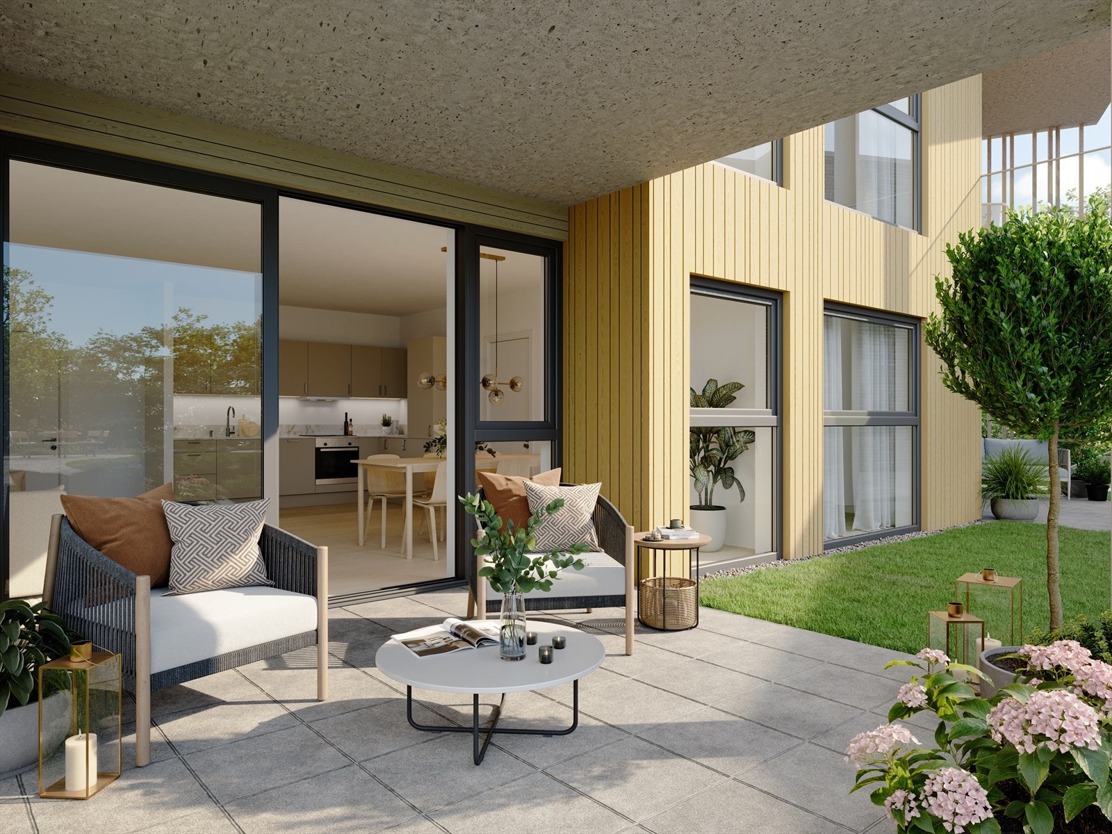 Boliger i 1. etasje får utgang til terrasse med god plass til hagemøbler og grill (Illustrasjon - avvik vil forekomme) Galleribilde