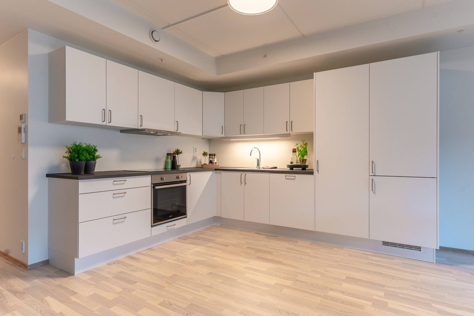 Stilrent og moderne kjøkken med integrert oppvaskmaskin, kjøle/fryseskap og stekeovn. Galleribilde