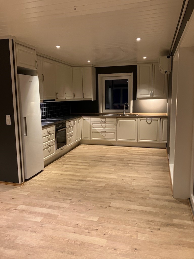 Romslig kjøkken med integrert oppvaskmaskin, komfyr og platetopp. Galleribilde